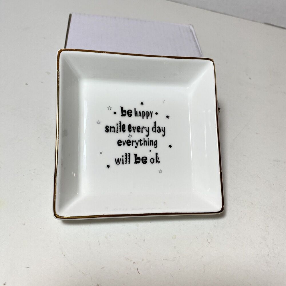 Ring Dish Trinket Tray “Thank You” Gold Trim White 4” Square New In Box